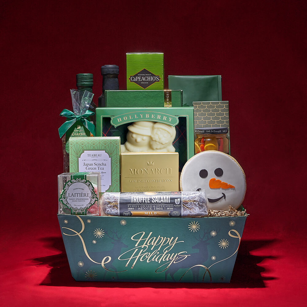 Holiday Gourmet Gift Basket Featuring Truffle Salami and Chocolates – how the gift is presented