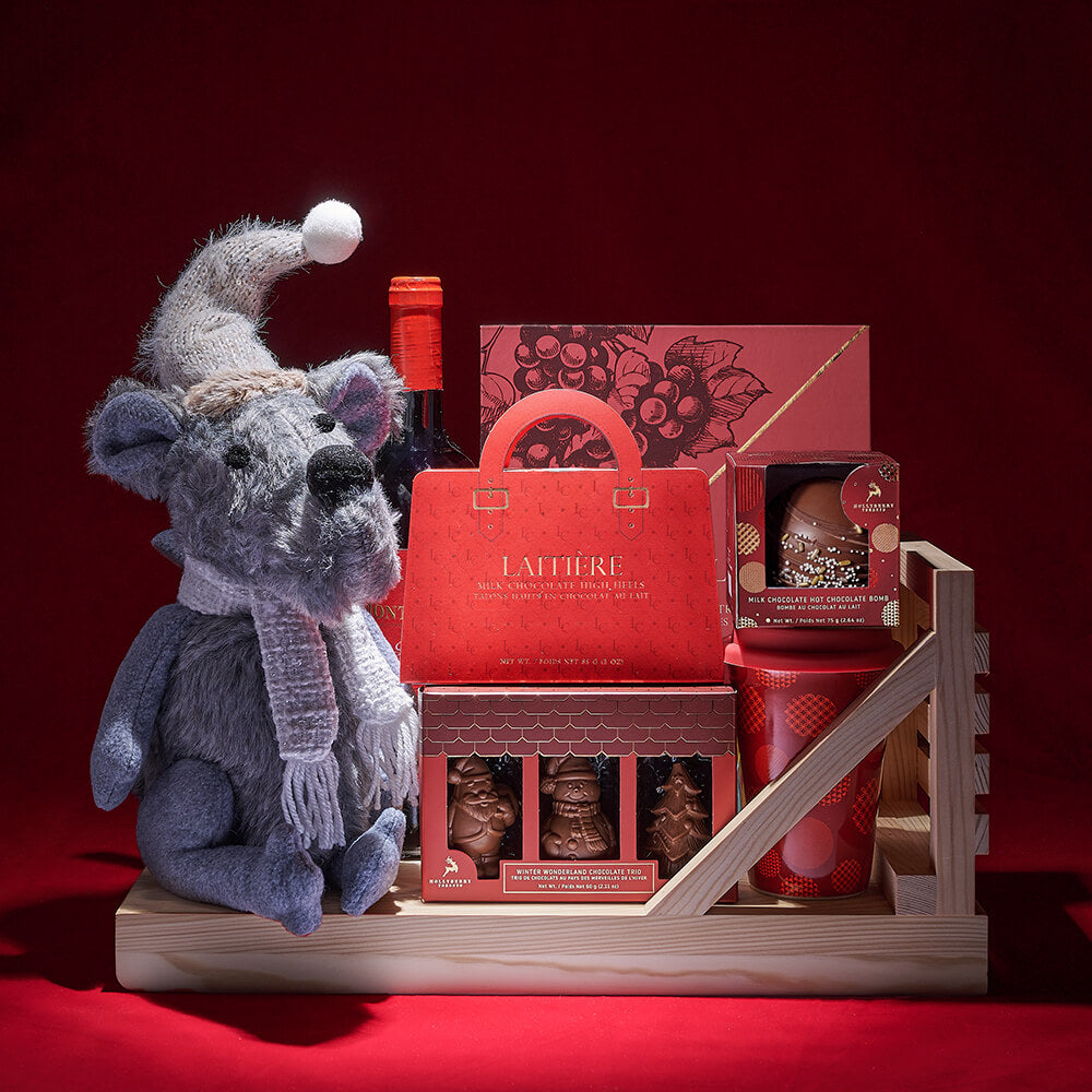 Wine and Chocolate Pine Sleigh Basket – how the gift is presented