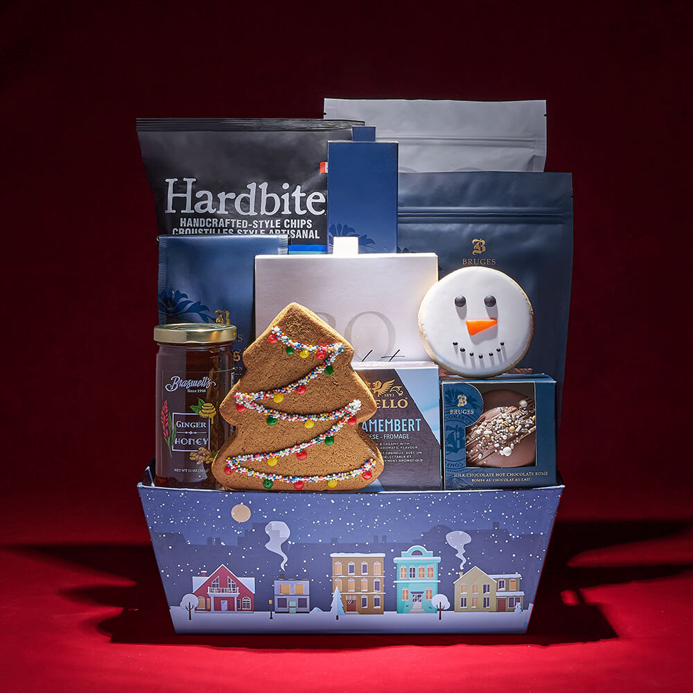 Festive Gourmet Christmas Village Gift Basket – how the gift is presented