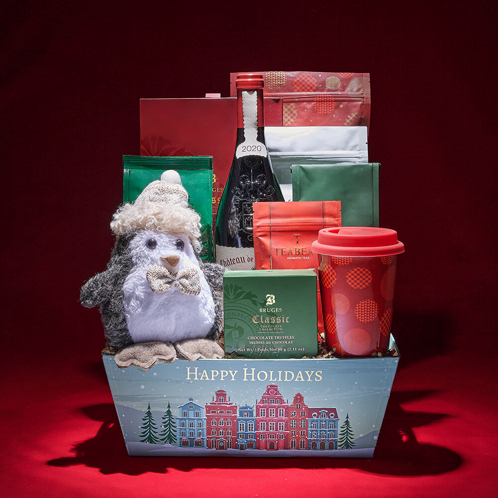Holiday Plush and Wine Gift Tray – how the gift is presented