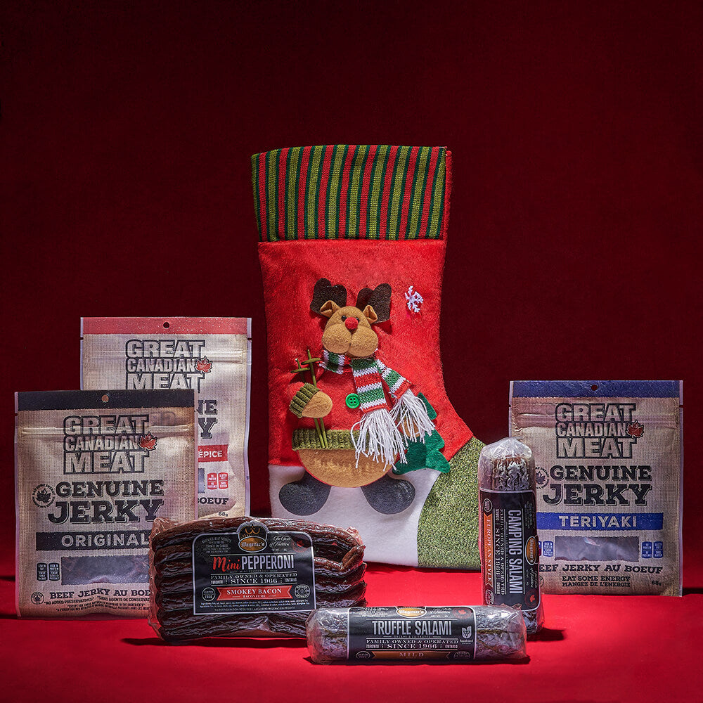Winter Reindeer Stocking Filled with Artisanal Jerky and Salami – how the gift is presented