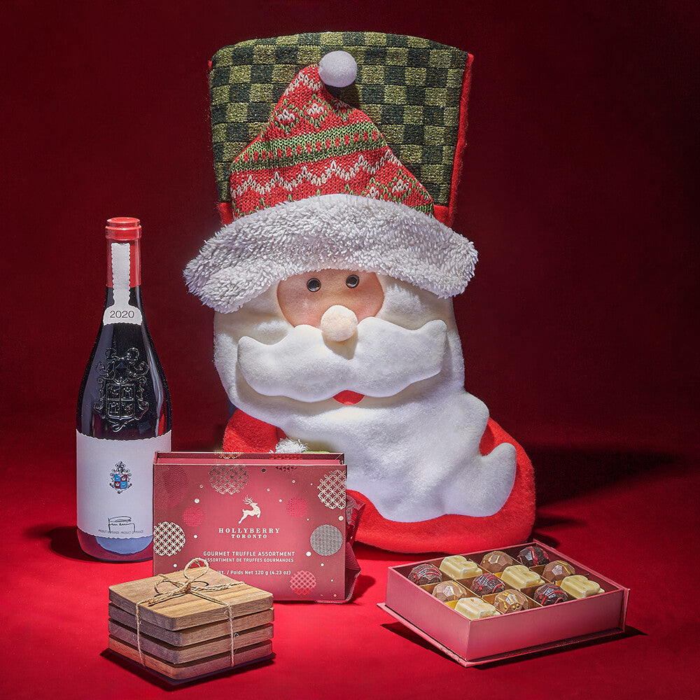 Santa Stocking Wine Gift Set with Acacia Wood Coasters and Truffles – how the gift is presented