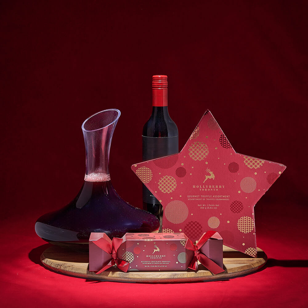 Holiday Wine and Hollyberry Star & Cracker Box Chocolate Gift Basket – how the gift is presented