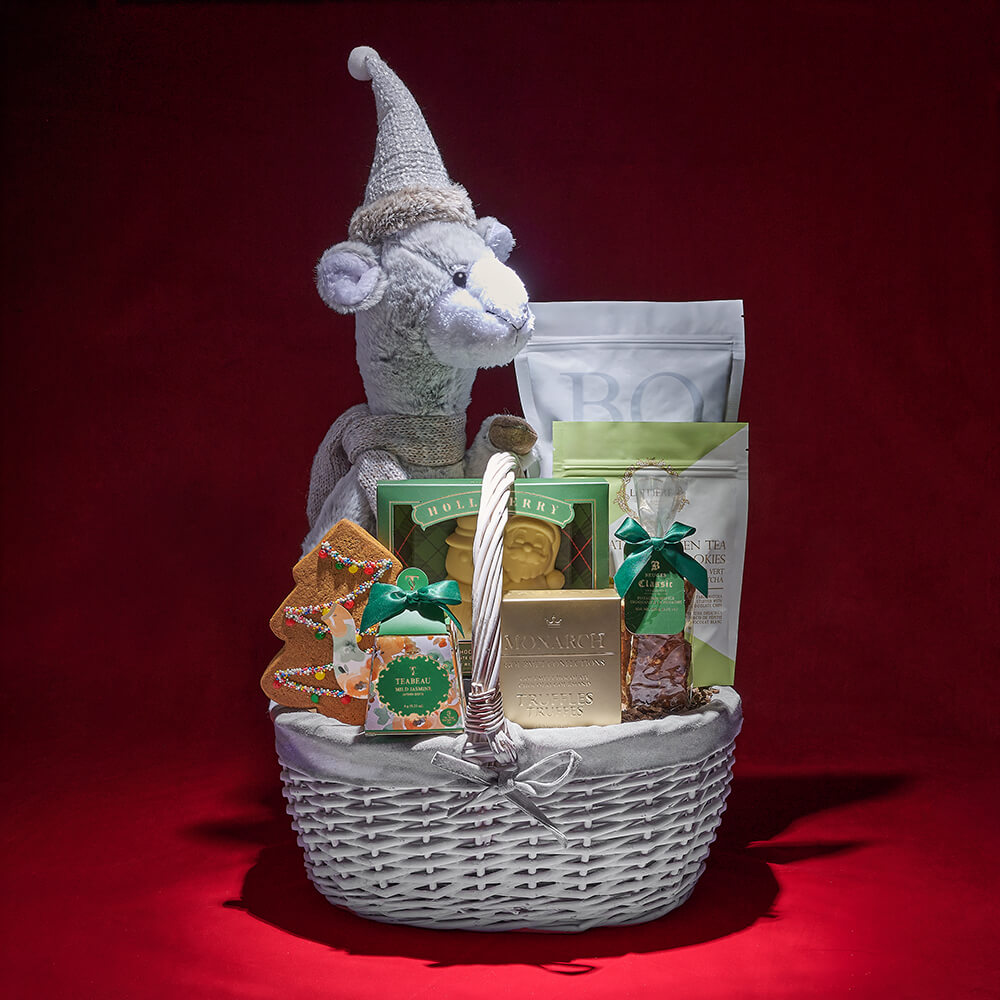 Sounds of Good Cheer Gift Basket, chocolate gift, chocolate, cookie gift, cookie, tea gift, tea, plush gift, plush, christmas gift, christmas