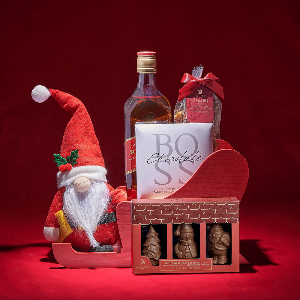 Holiday Liquor Gift in Red Sled – how the gift is presented