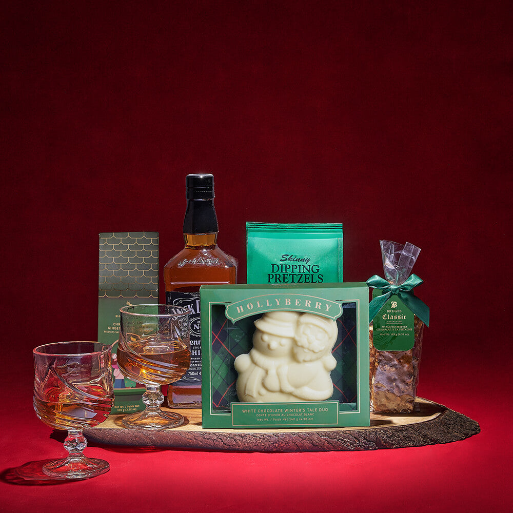 Holiday Whiskey and Confections Basket – how the gift is presented