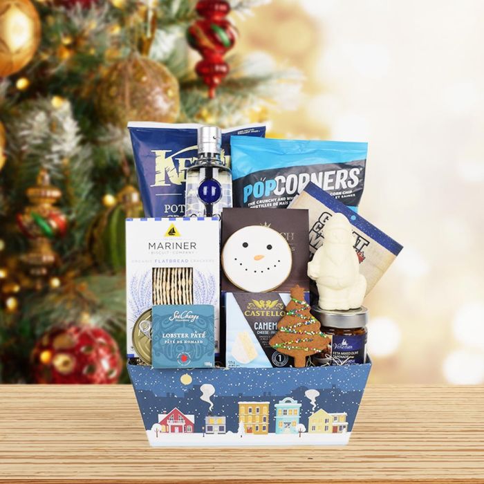 the Snowy Snack & Liquor Gift Set, you can send a thoughtful present to your friends and family that has a delightful array of gourmet goodies they can enjoy this holiday season