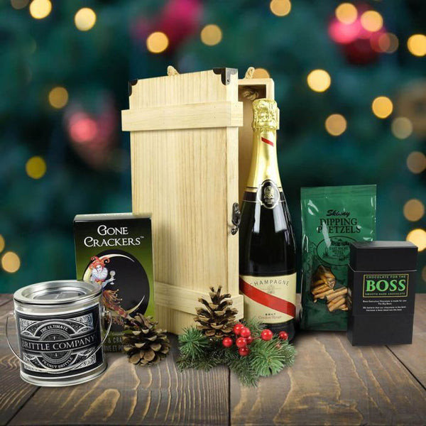 Evergreen Christmas Gift Basket With Champagne