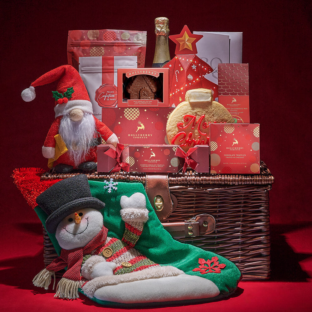 Deluxe Sparkling Wine Gift Basket with Christmas Chocolates and Ornaments – how the gift is presented