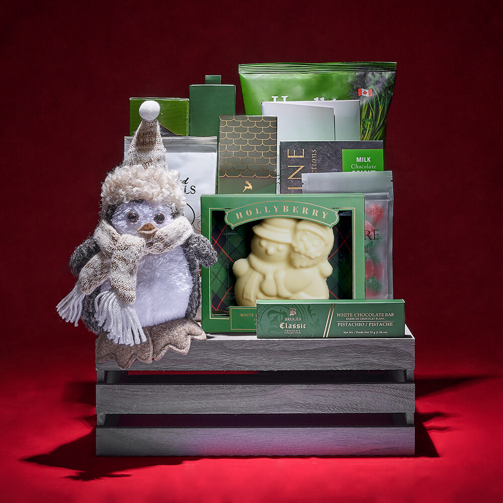 Winter Penguin Plush and Gourmet Snack Crate – how the gift is presented