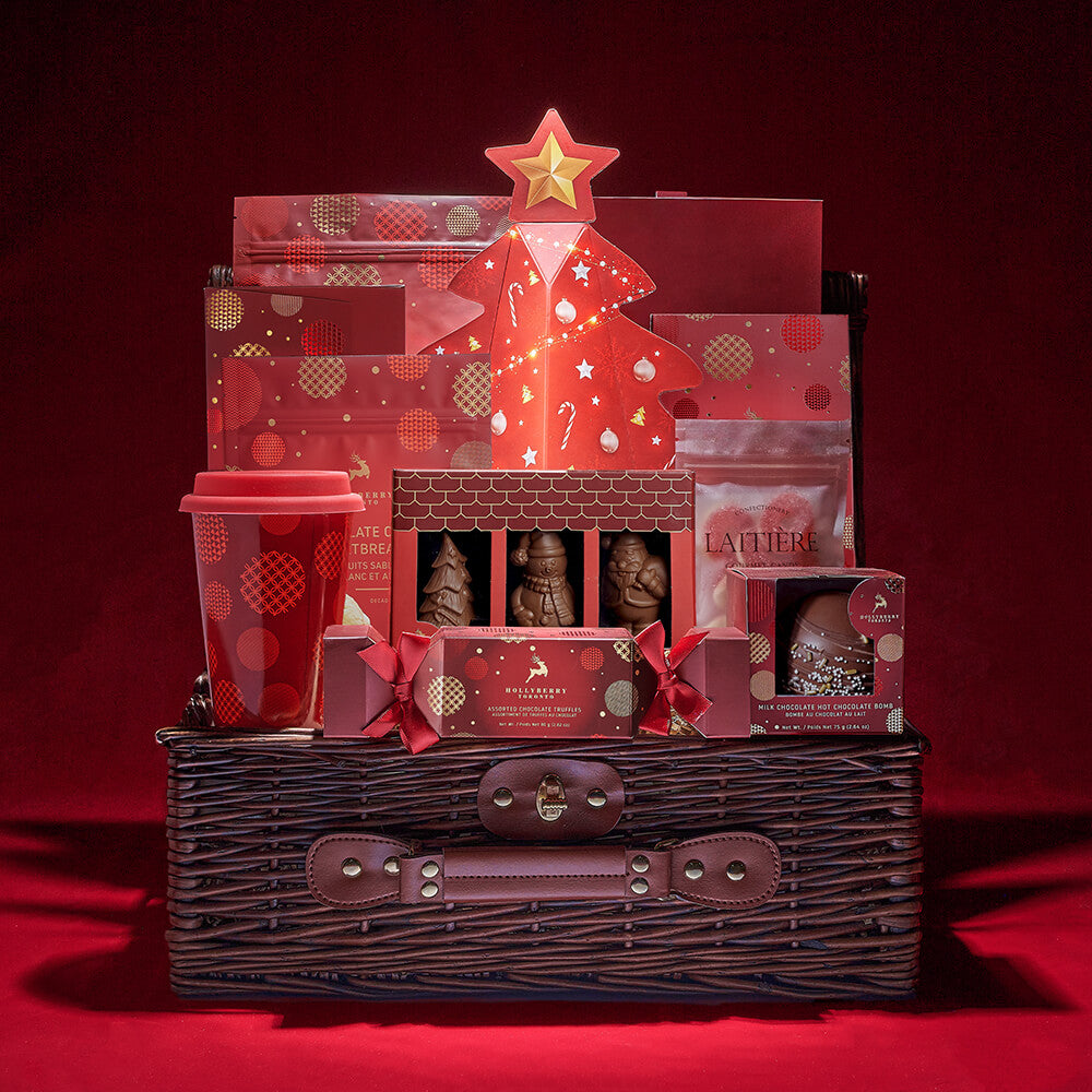 Christmas Wicker Basket with Premium Chocolate Treats – how the gift is presented