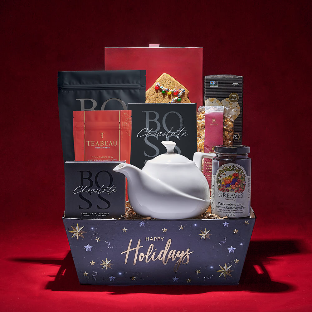 Classic Holiday Tea and Chocolate Basket – how the gift is presented