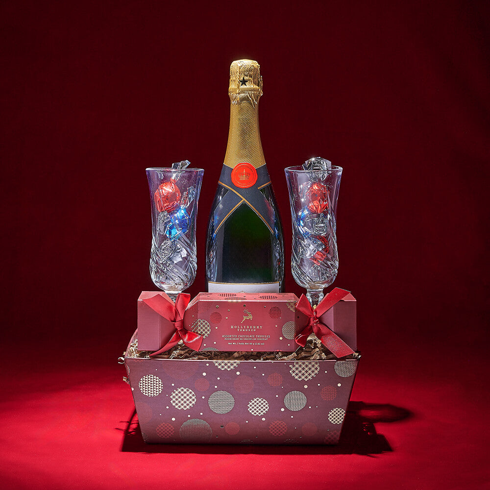 Holiday Sparkling Wine and Glasses – how the gift is presented