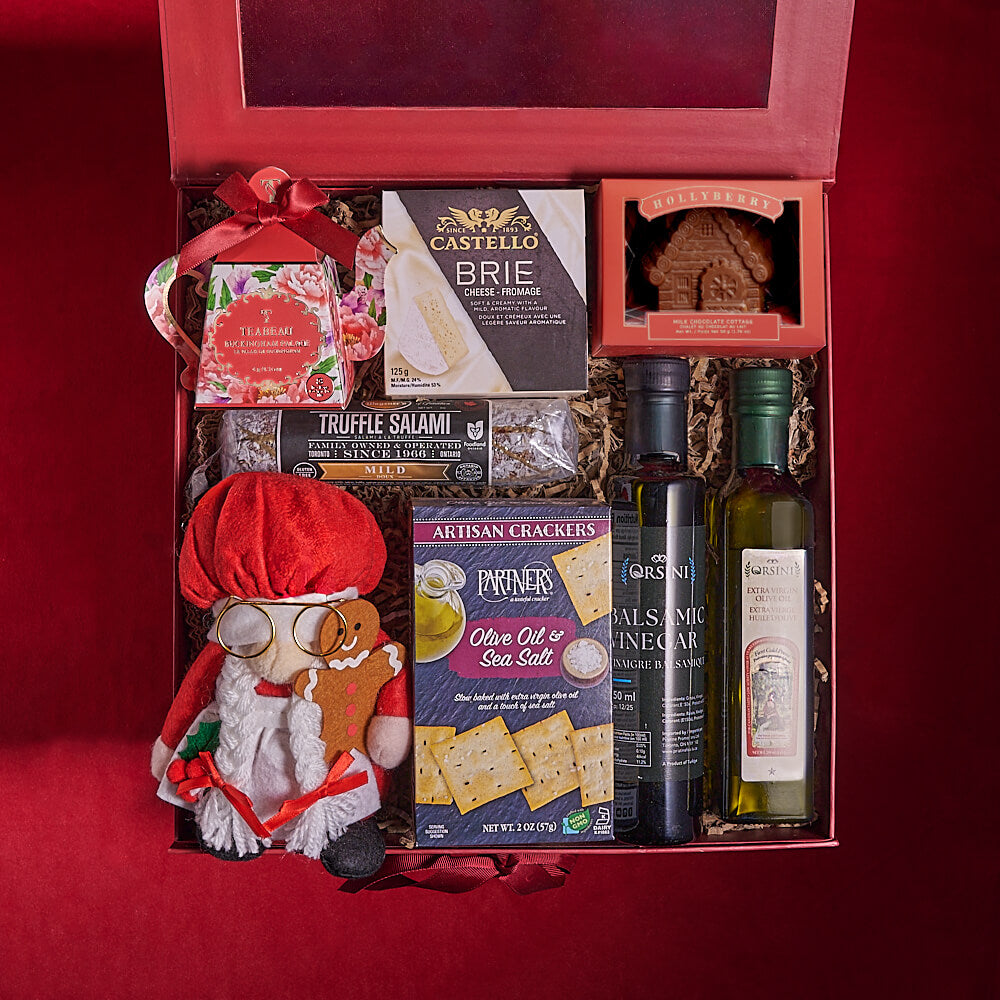 Mrs. Claus Holiday Gift Box with Artisan Snacks and Tea – how the gift is presented