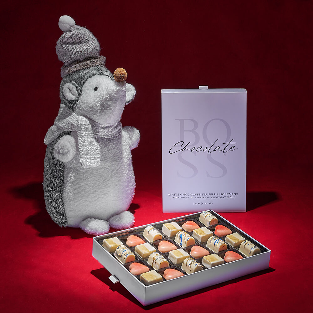 Holiday Plush Hedgehog with White Chocolate Truffles Gift Basket – how the gift is presented