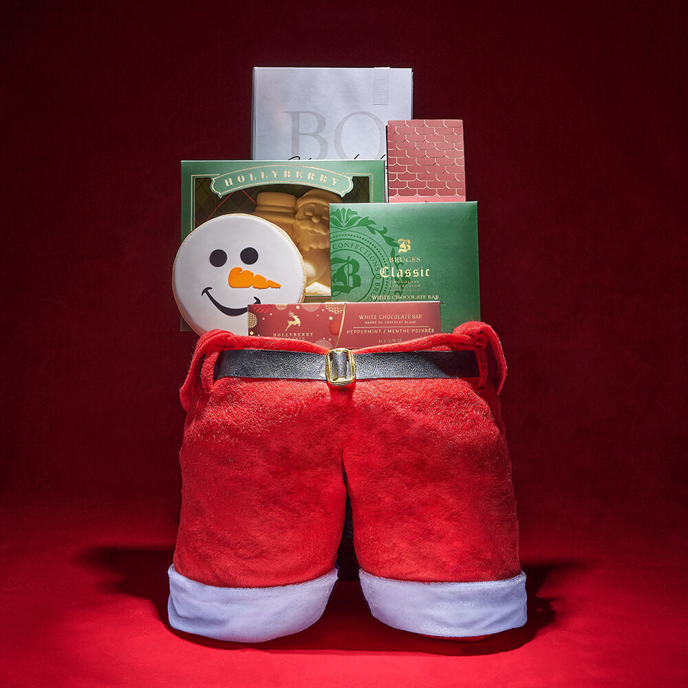 Festive Christmas Chocolate Gift Box in Large Santa Pants Bag – how the gift is presented