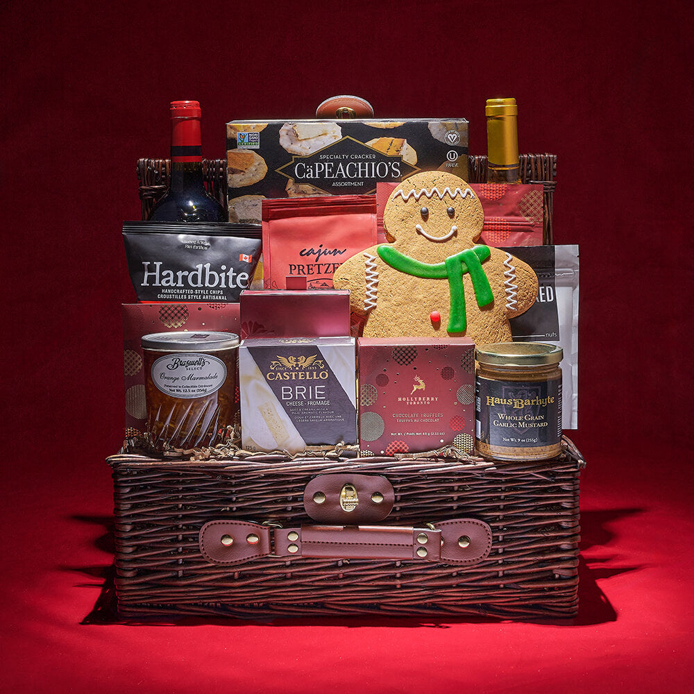 Holiday Basket with Wine and Snacks – how the gift is presented