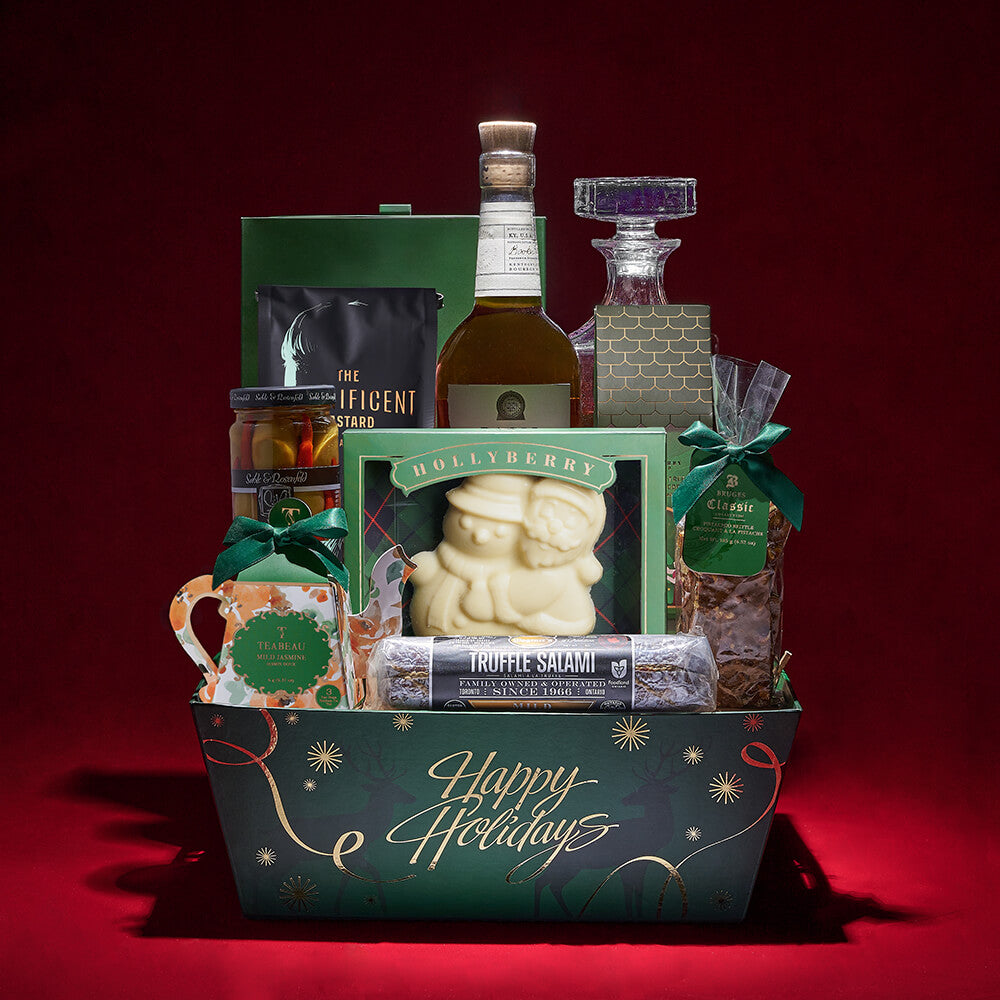 Whiskey Gift Basket with Pistachio Brittle and Holiday Treats – how the gift is presented