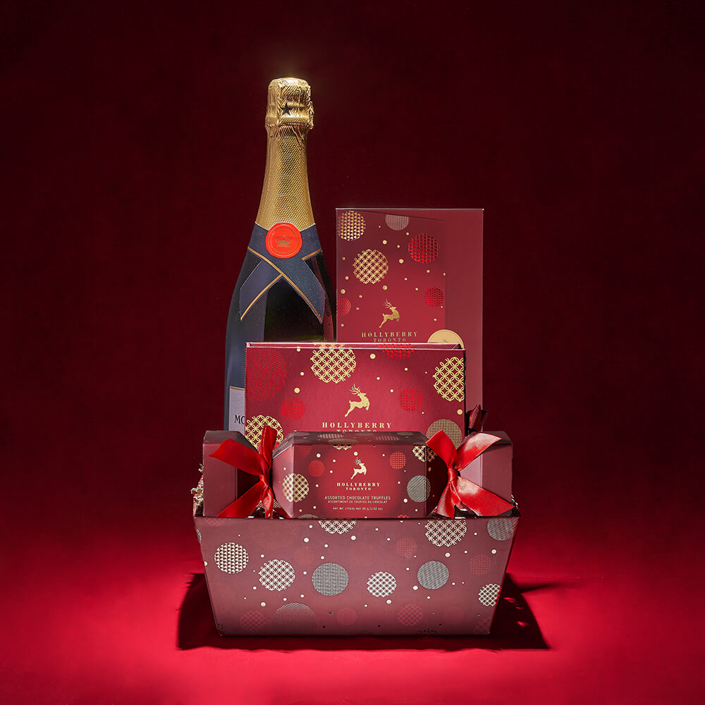 Red Market Tray Christmas Gift with Sparkling Wine and Truffles – how the gift is presented