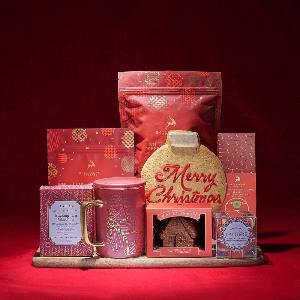 Holiday Gourmet Chocolate and Tea Gift Set with Wooden Board – how the gift is presented