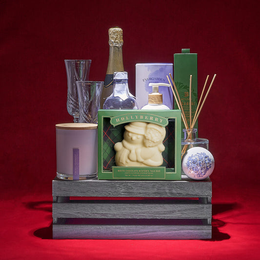 Relaxing with You Christmas Crate, sparkling wine gift, sparkling wine, champagne gift, champange, spa gift, spa, bath gift, bath, chocolate gift, chocolate, christmas gift, christmas