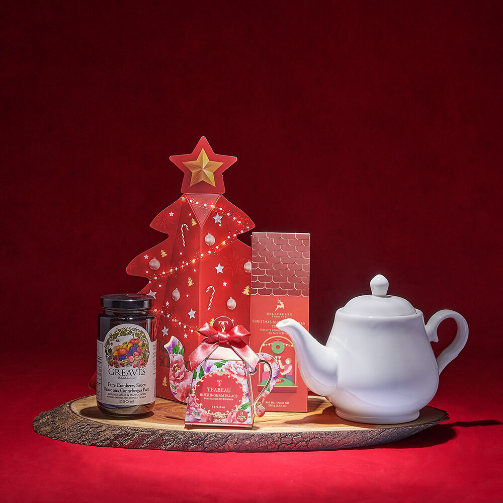 Christmas Ceramic Teapot with Truffles and Tea Gift Basket – how the gift is presented