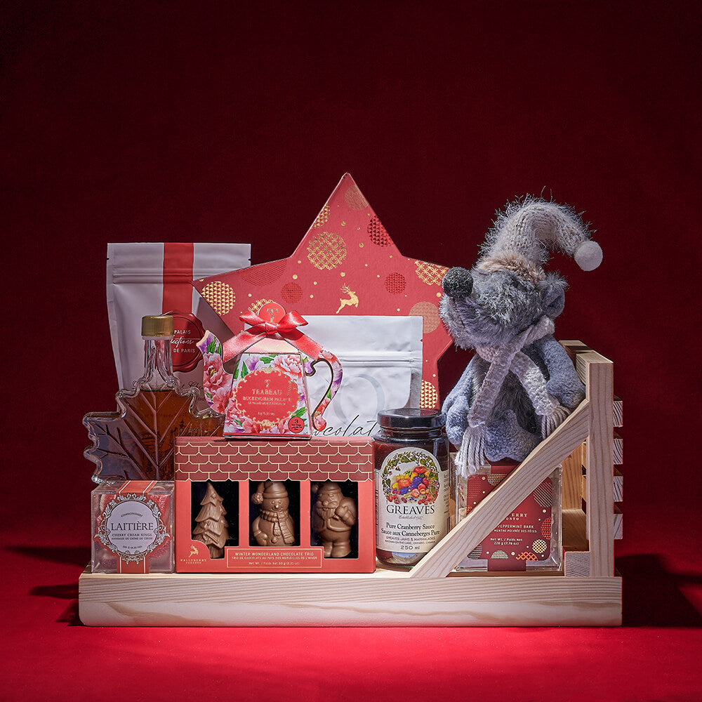 Holiday Collection Chocolate and Truffle Gift Box in Pine Wood Sleigh – how the gift is presented
