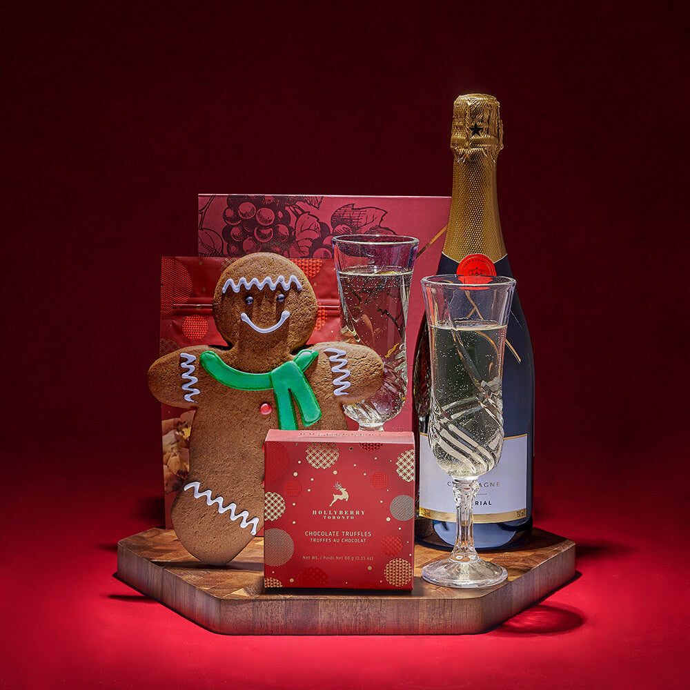 Sparkling Wine Holiday Celebration with Acacia Board and Flutes – how the gift is presented
