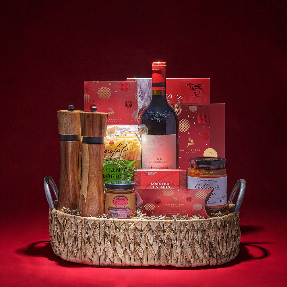 Holiday Season Wine Basket with Smoked Salmon, Pasta, and Gourmet Chocolates – how the gift is presented