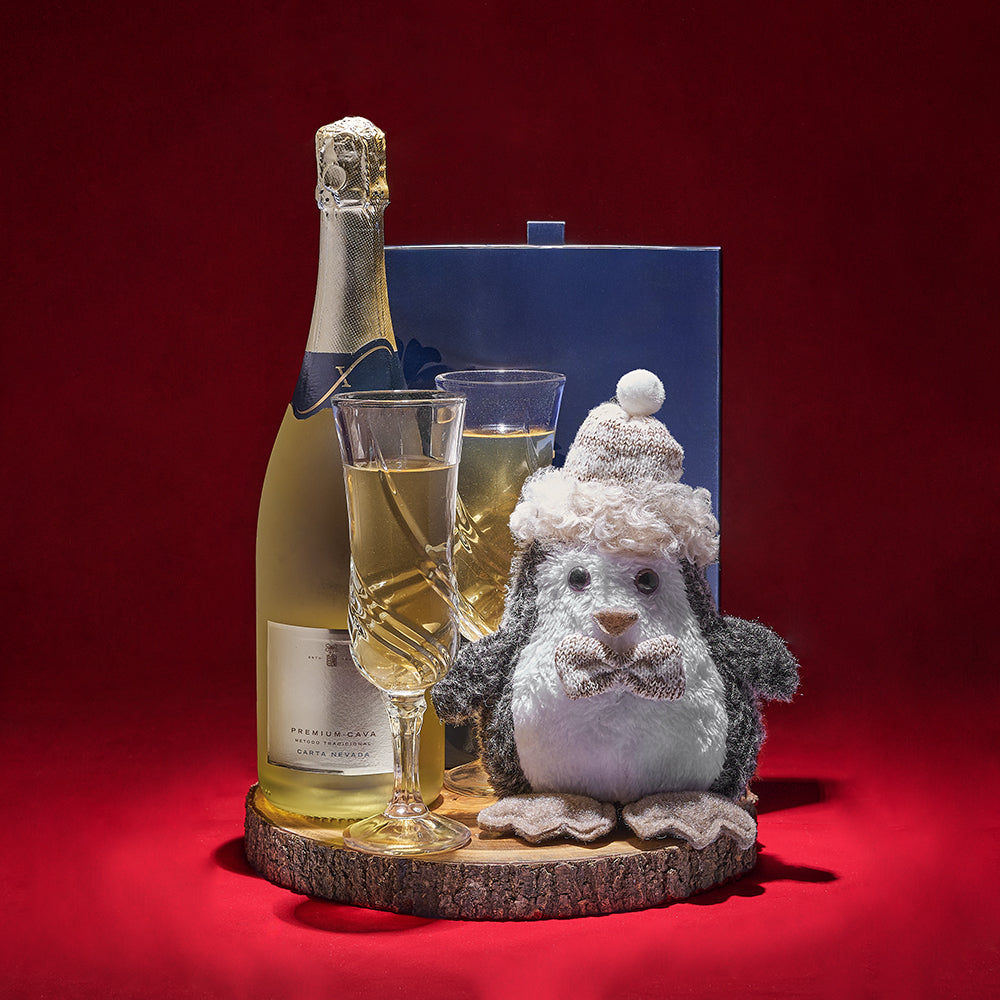 Holiday Celebration Sparkling Wine Gift Set with Plush Penguin and Serving Board – how the gift is presented