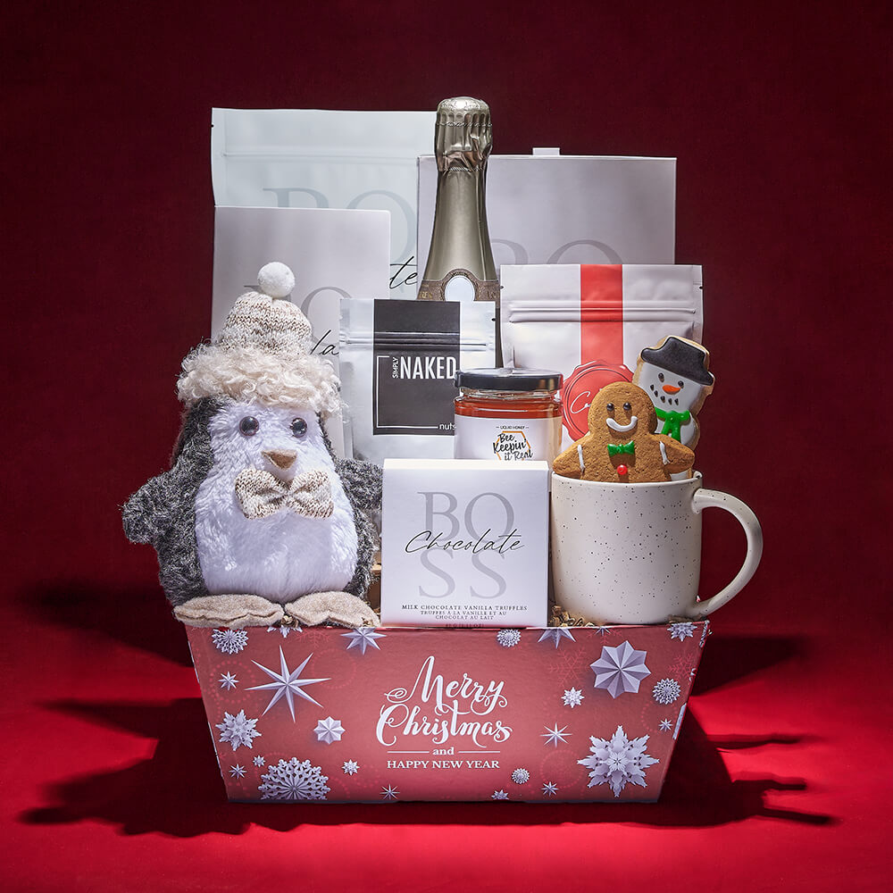 Holiday White Sparkling Wine Gift Tray with Plush Penguin – how the gift is presented