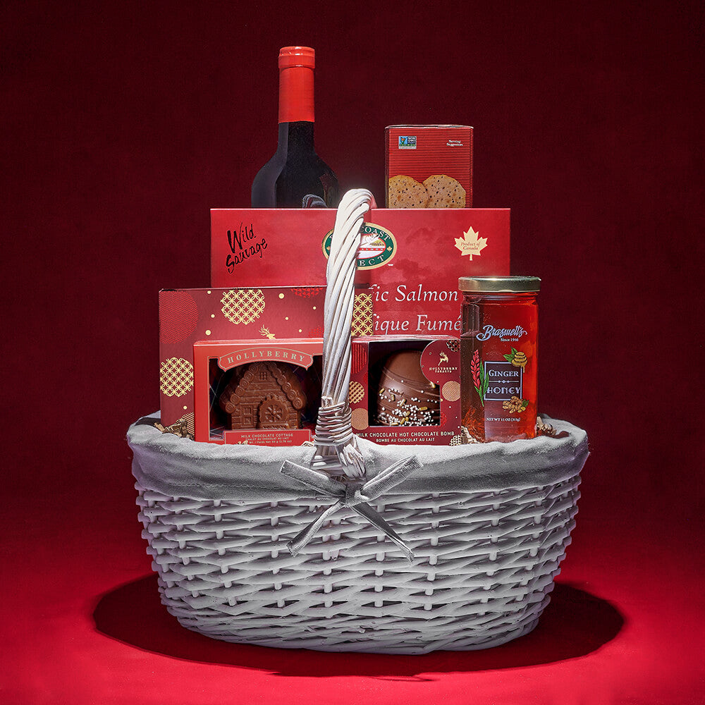 Wine with Salmon Treats Gift Basket – how the gift is presented
