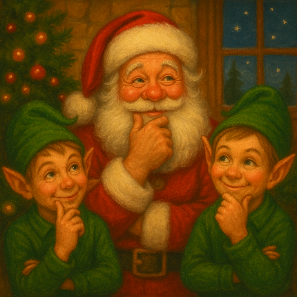 Santa and his elves preparing Christmas gifts in a festive setting - North pole Co. USA