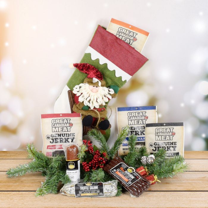 Christmas Cured Meat Gift Set - Featured in this gift set is a wide selection of cured meats for the certified carnivore in your life! There are Great Canadian Meat jerkies, truffle salami from Wagener’s, pepperoni sticks, bacon salami, and a Santa themed stocking