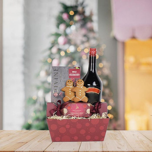 Gingerbread for Two Liquor Gift Set, Divine Confections milk chocolate cranberries, a pair of decorated gingerbread cookies, and a bottle of liquor which can be customized or upgrade from our extensive collection