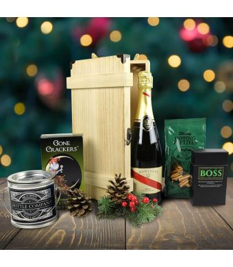 Evergreen Christmas Gift Basket With Champagne